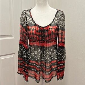Boston Proper Black and Red Sheer Bell Sleeve Blouse